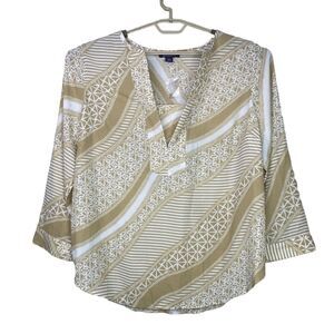 NWOT Roaman's Abstract Lightweight Blouse V Neck Roll Sleeve Tab 20 Beige